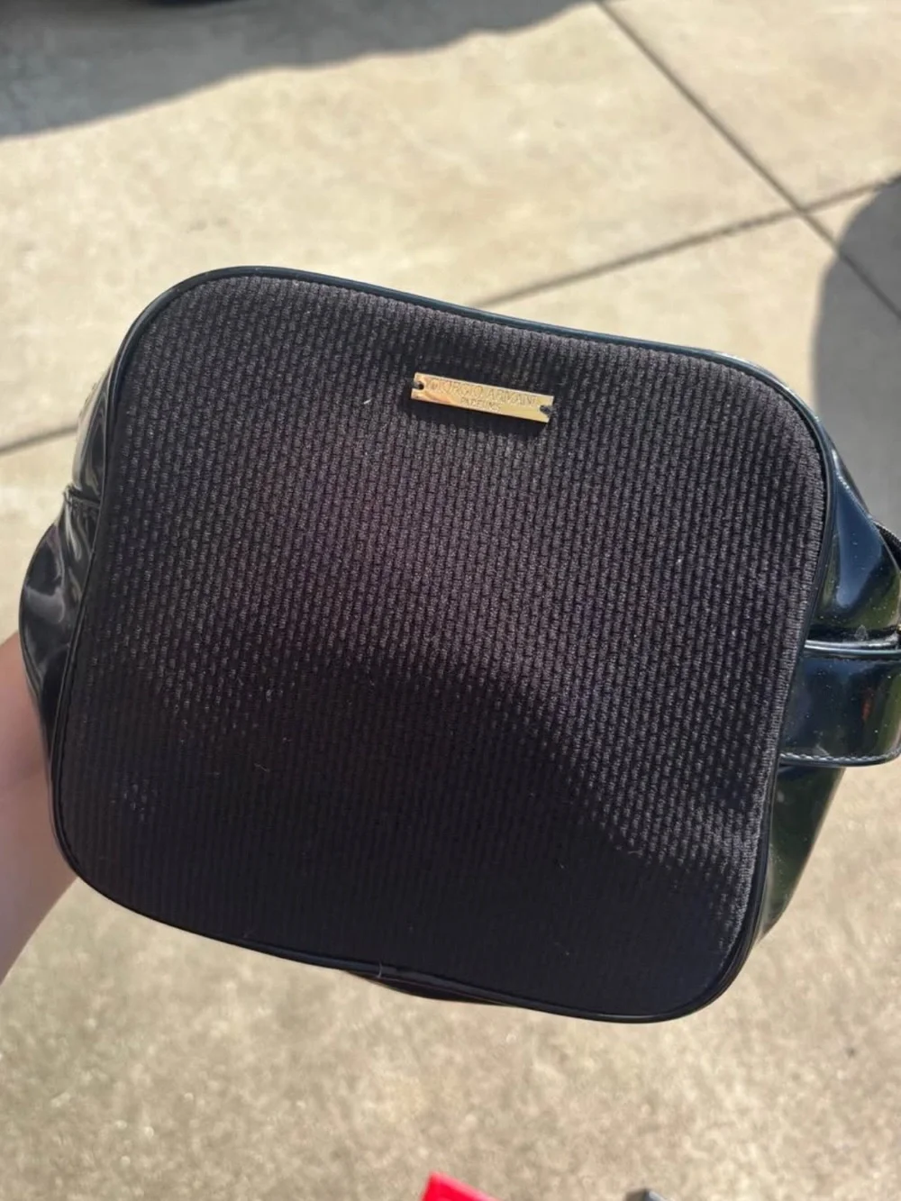 Giorgio Armani Black Patent Cosmetic Pouch with Gold Logo Charm